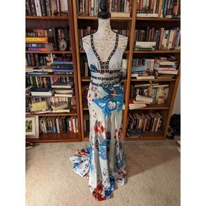 CHICAS butterfly print satin evening gown beaded strappy back kick train sz s nw